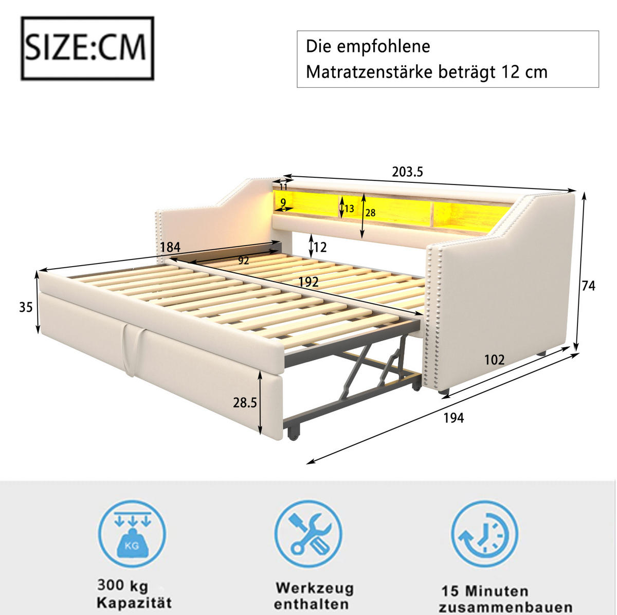 SCHLAFSOFA 90/190 cm ausziehbar mit LED, Matratze,USB, Ablagefächern und Leinenbezug, Beige - Beige, Textil (102/74/203.5cm) - Redom