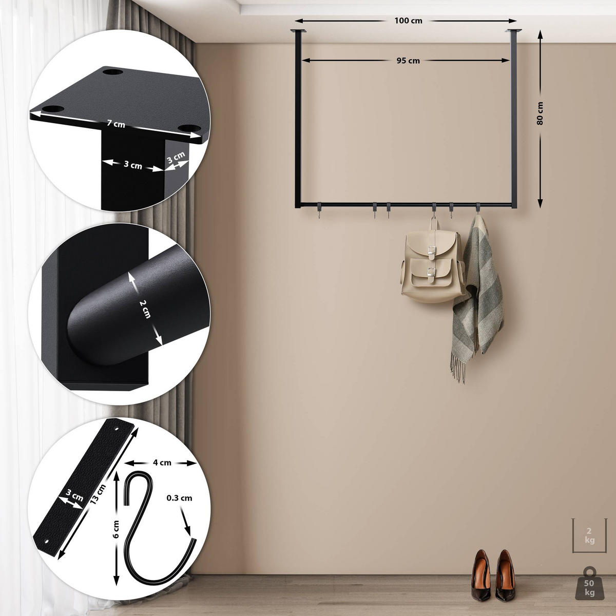 KLEIDERSTÄNDER 150x38x120-schwarz-Metall - Schwarz, Metall (100/80/7cm) - CLP