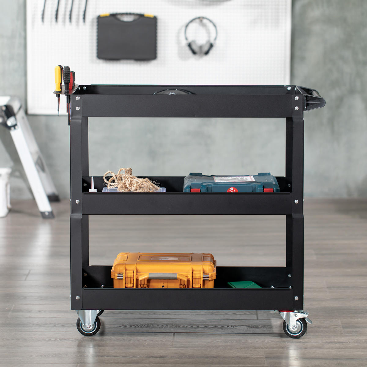 WERKZEUGWAGEN DE-09495 3-stufig mit 4 Rollen Schwarz - Schwarz, Metall (35.3/76/83cm) - ComfortXL