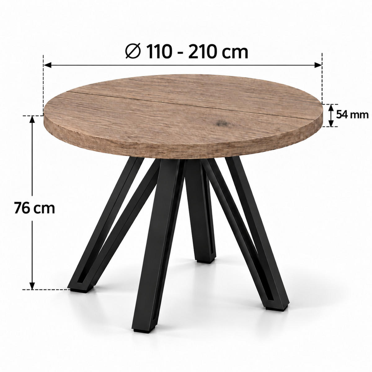 ESSTISCH rund ausziehbar 110/210/76 cm, Graubraun Eiche Halifax, 54 cm Tischplatte + Industrial Metallgestell Schwarz - Eichefarben/Graubraun, Holzwerkstoff/Metall (110/210/76cm) - Damale Möbel