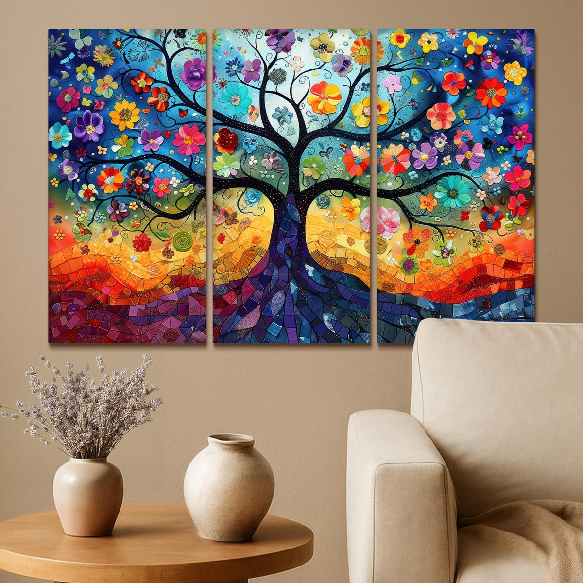 LEINWANDBILD 3er Set Bunt - Baum des Lebens - Blumen - Abstrakt 90x60 cm - Blau, Textil (90/60cm) - MuchoWow