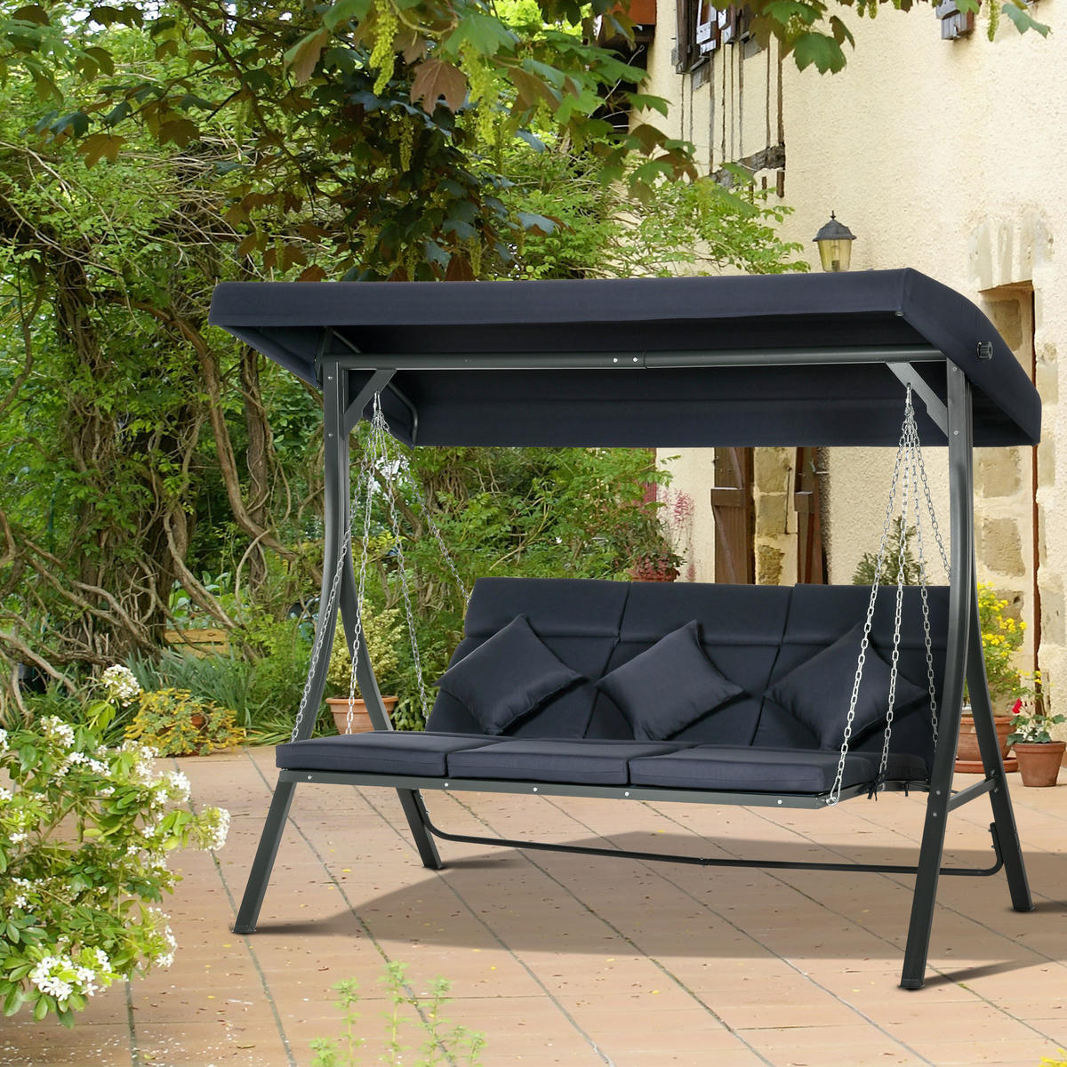 HOLLYWOODSCHAUKEL DE-07024 3 Personen, verstellbares Sonnendach Dunkelblau - Schwarz/Dunkelblau, Textil/Metall (198/168/118cm) - ComfortXL