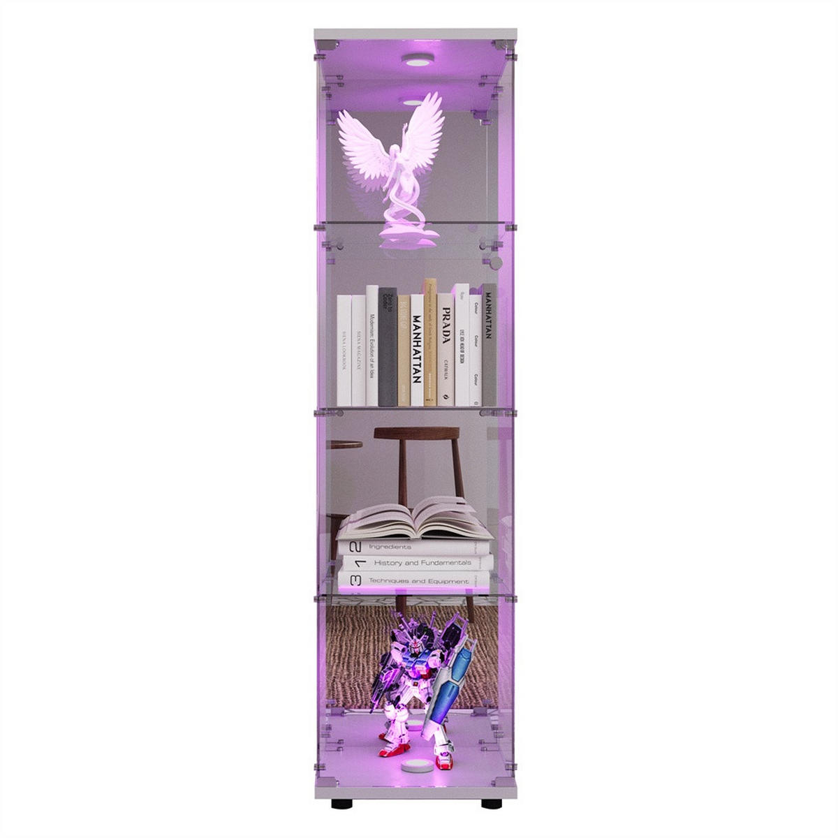 VITRINE - Glasvitrine mit 4 Ebenen - integrierte LED-Beleuchtung - Weißer Holzboden - Weiß, Glas (42.5/164/36.5cm) - DELFA
