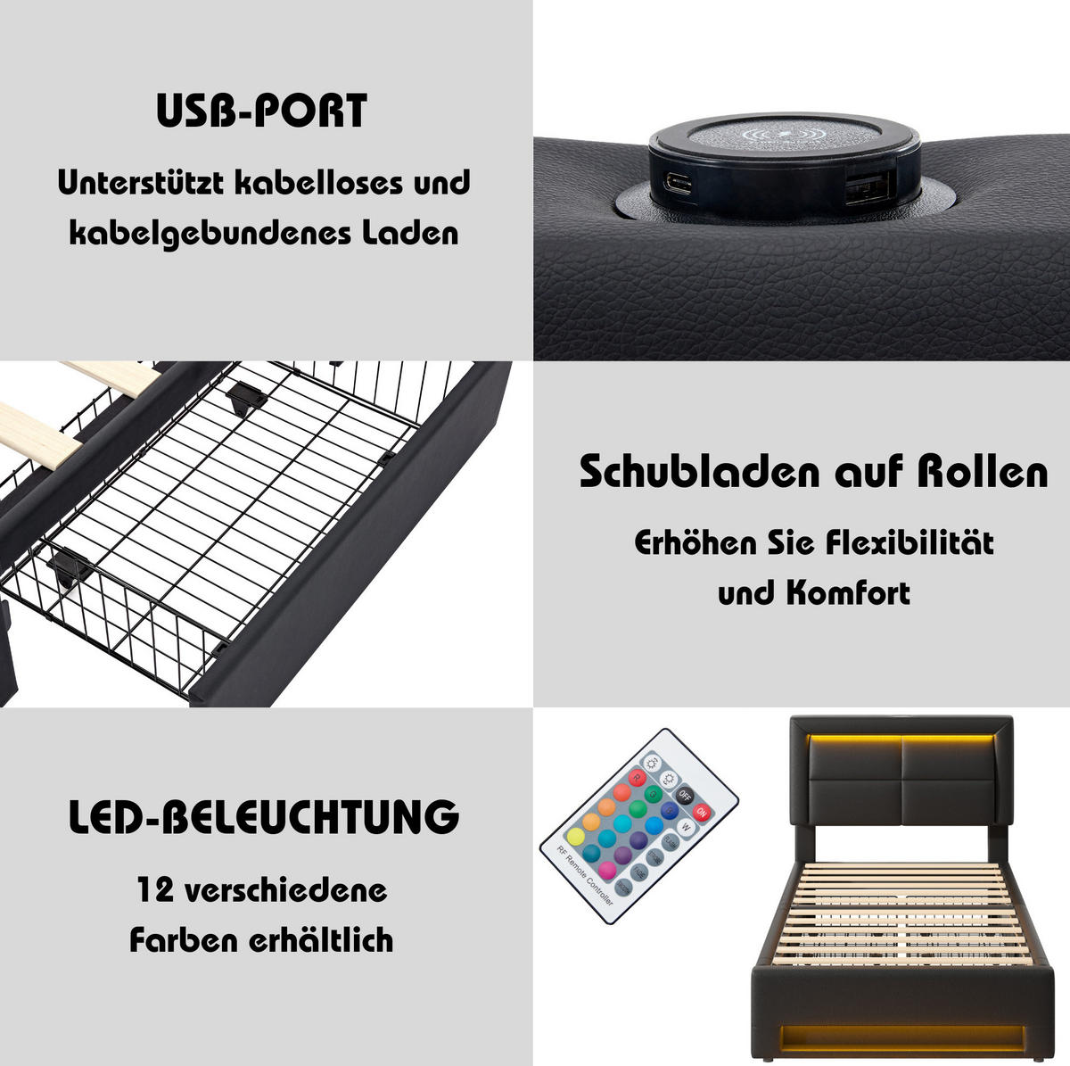 BETT mit LED, USB und 4 Schubladen 90x190 cm PU Schwarz - Schwarz, Metall (90/190cm) - Meubliv