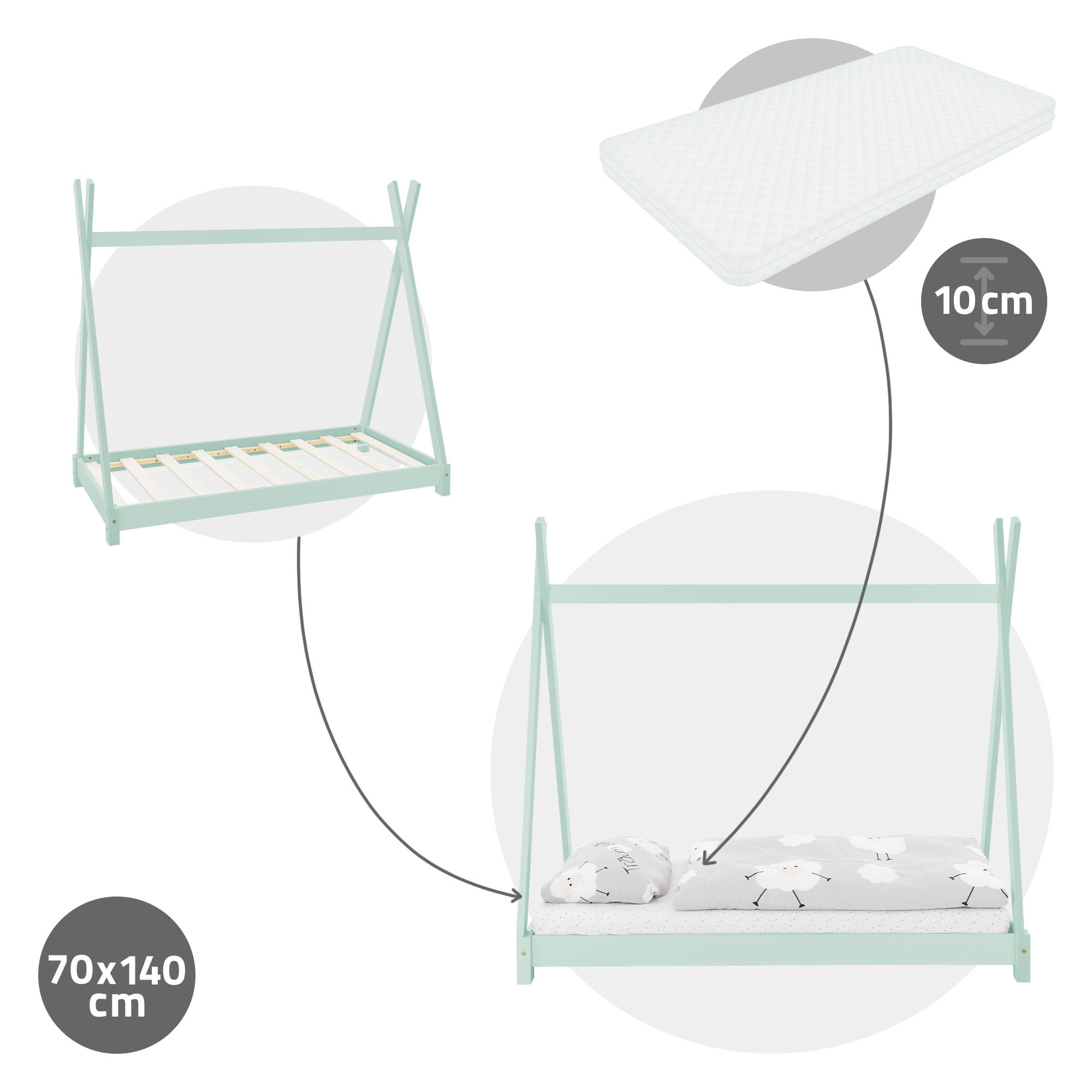 KINDERBETT Tipi mit Matratze 70x140 cm Mint - Grün, Holz (70/140cm) - ML-DESIGN