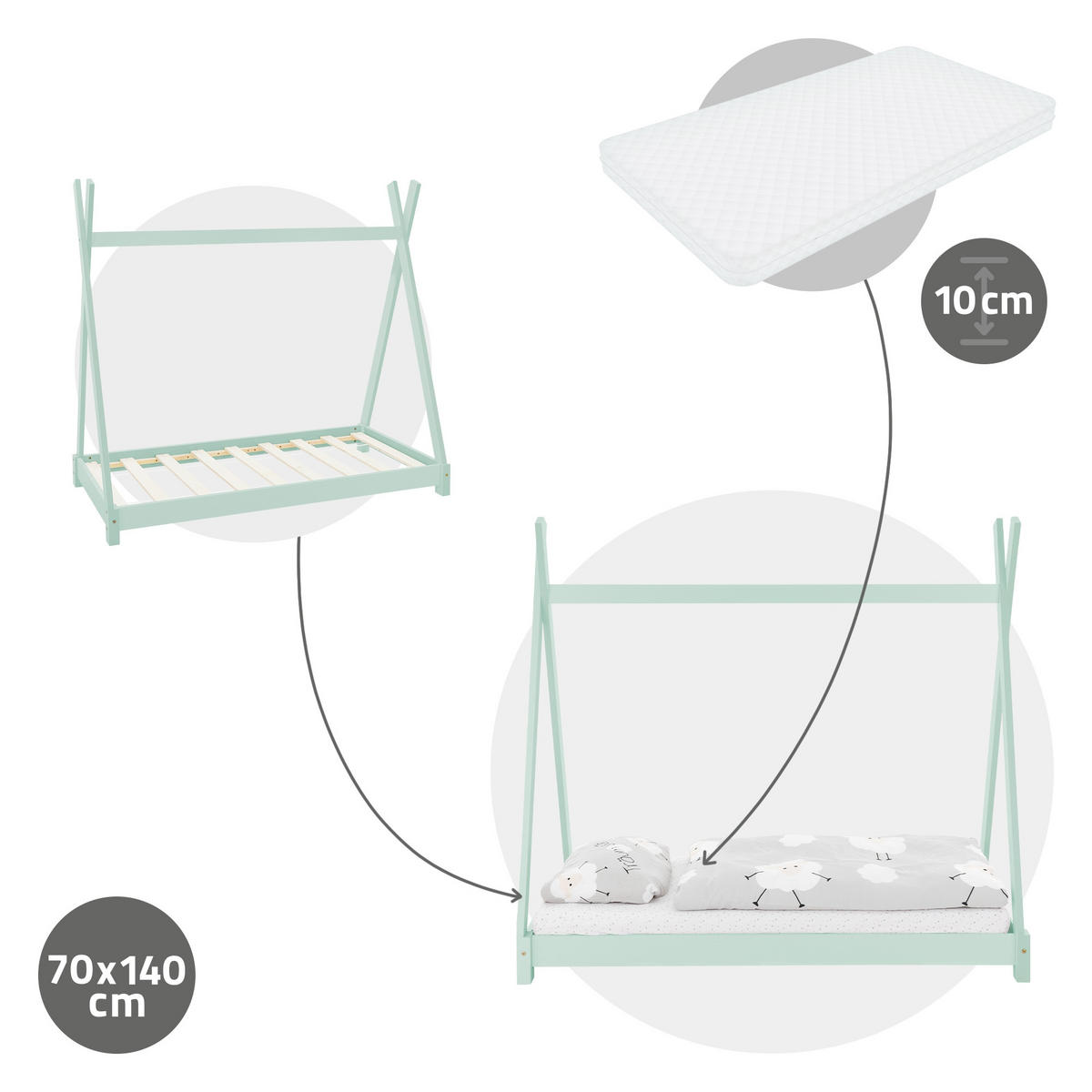 KINDERBETT Tipi mit Matratze 70x140 cm Mint - Grün, Holz (70/140cm) - ML-DESIGN