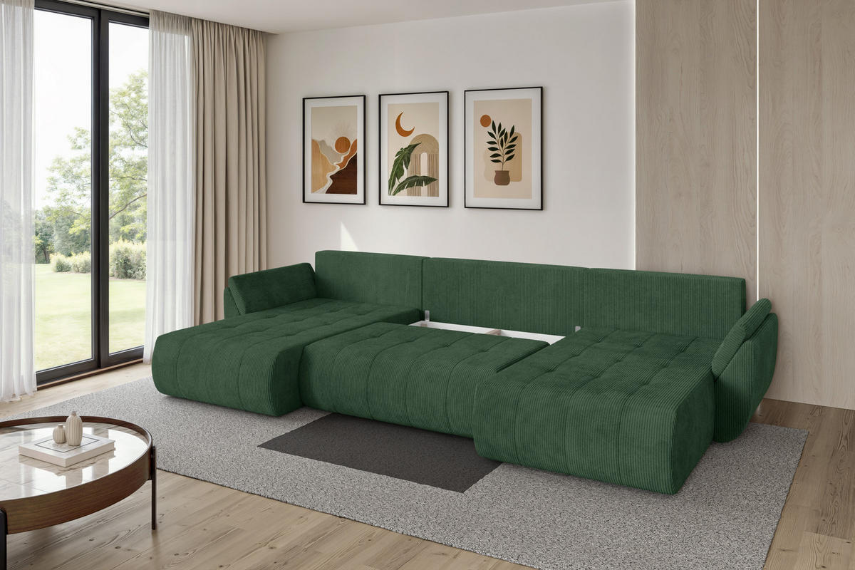 SEDACÍ SOUPRAVA DO U s funkcí spaní a úložným prostorem TOKO-U 378x194x86 zelená manšestr - černá/tmavě zelená, kompozitní dřevo/textil (378/86/194cm) - ALTDECOR