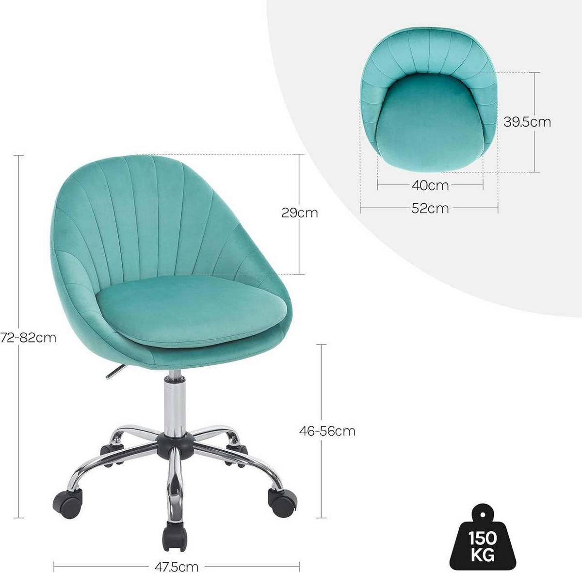DREHSTUHL ergonomisch, Schminkstuhl, Samt, Türkis - Türkis/Schwarz, Textil/Metall (52/72/48cm) - Woltu