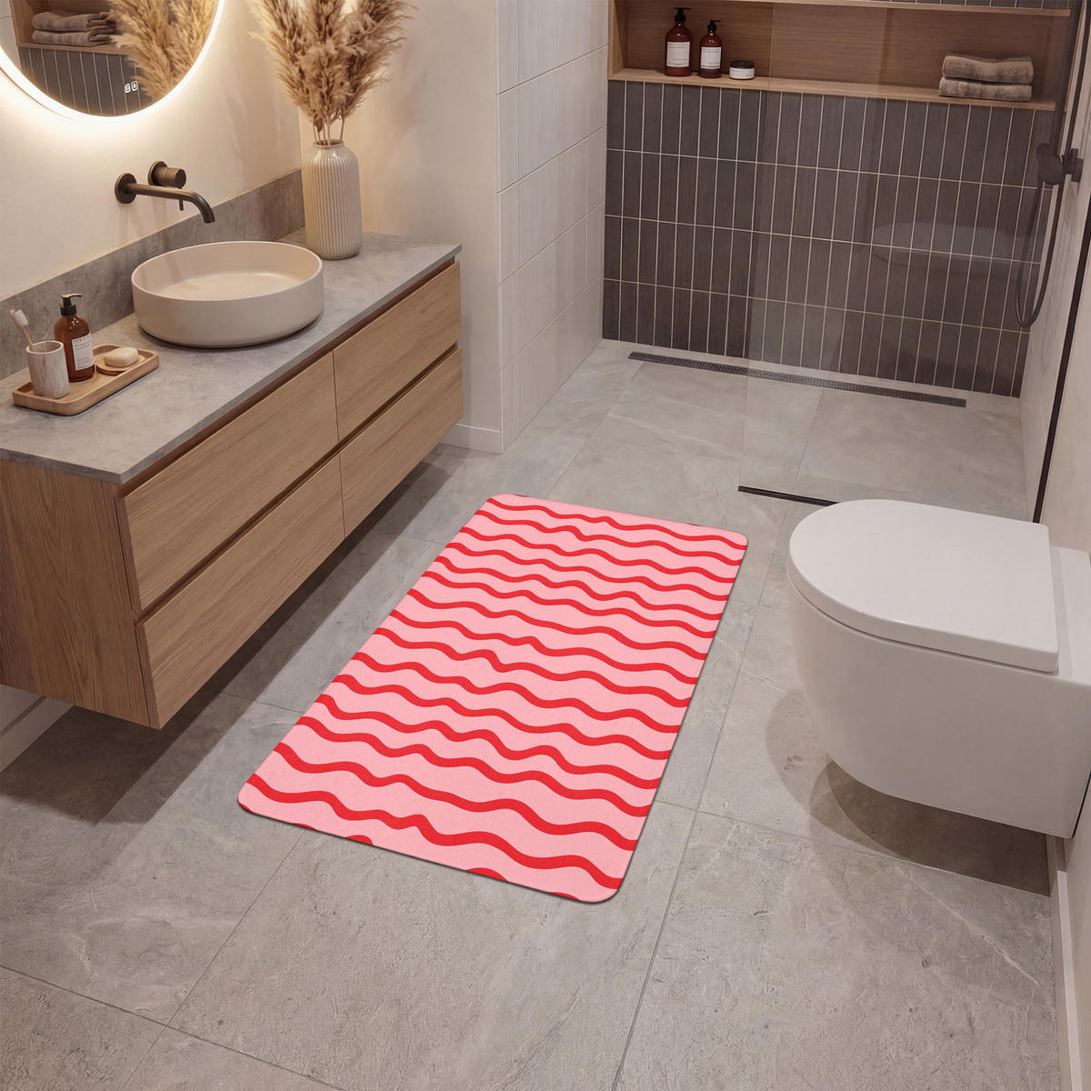 KÚPEĽŇOVÁ PREDLOŽKA Hravé - vzor - červená 60x90 cm - ružová, textil/plast (60/90cm) - OnlyWow