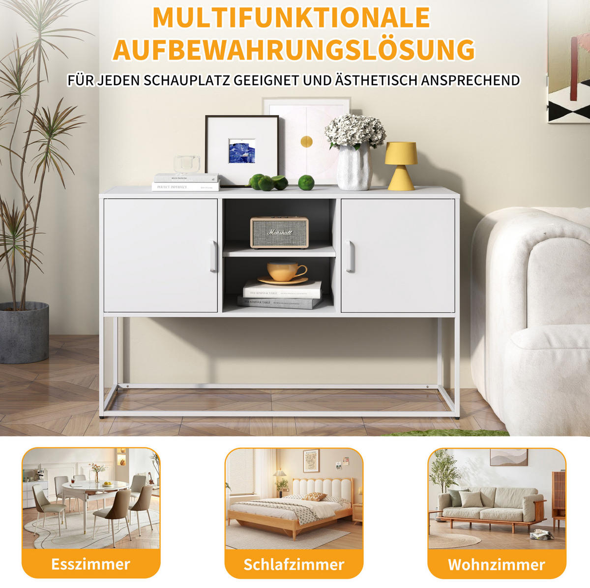 SIDEBOARD 120/40/75 cm weiß aus Metall mit 6 Fächern - Weiß, Metall (120/75/40cm) - OKWISH