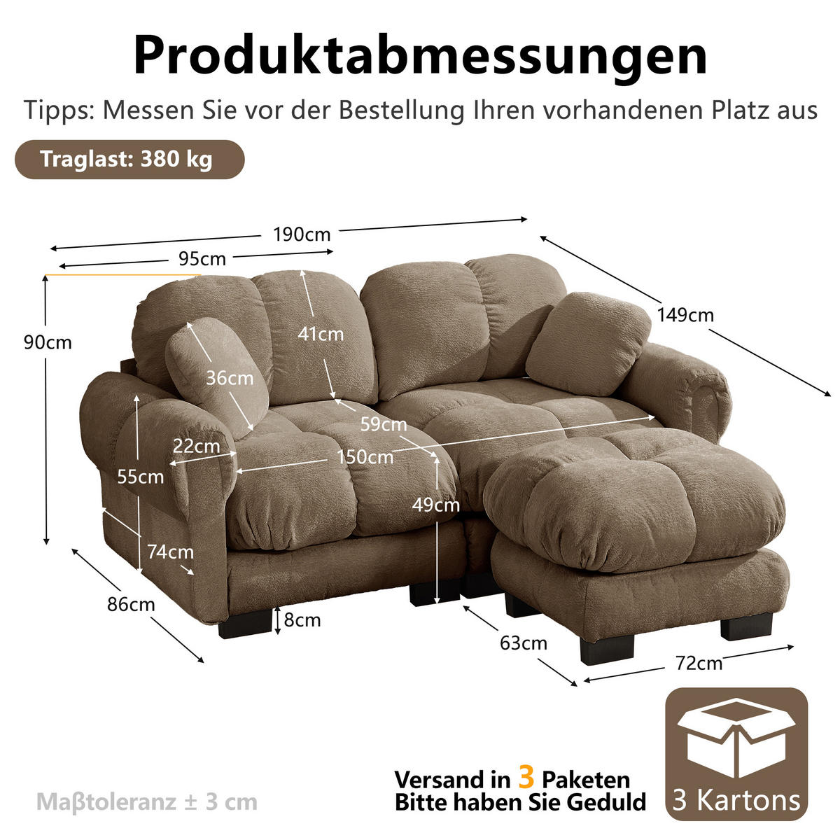 ECKSOFA DE-34384 L-Form mit Ottoman und Steppdesign Braun - Braun, Textil (149/190cm) - ComfortXL
