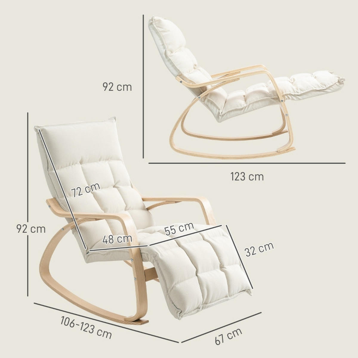 SCHAUKELSTUHL Polyesterbezug mit verstellbarer Fußstütze bis 90° 67/106-123/92 cm Creme - Creme, Textil (67/92/106cm) - Redom