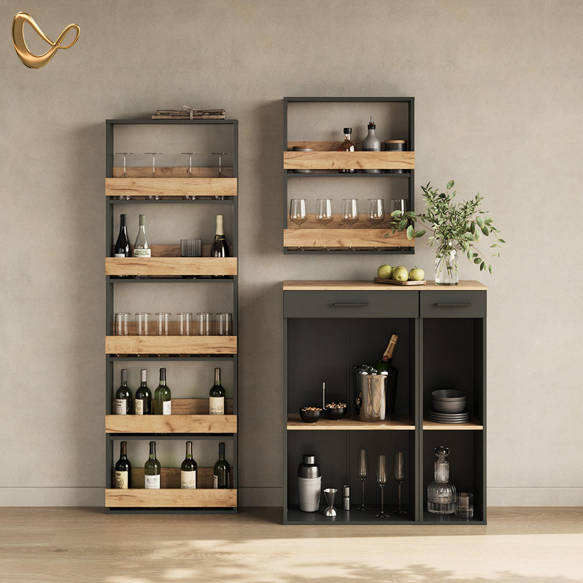WEINGLASREGAL Regusa Goldkraft Eiche/Anthrazit 60 x 180 cm - Honigeiche/Anthrazit, Holzwerkstoff (60/180/15.1cm) - Livinity®
