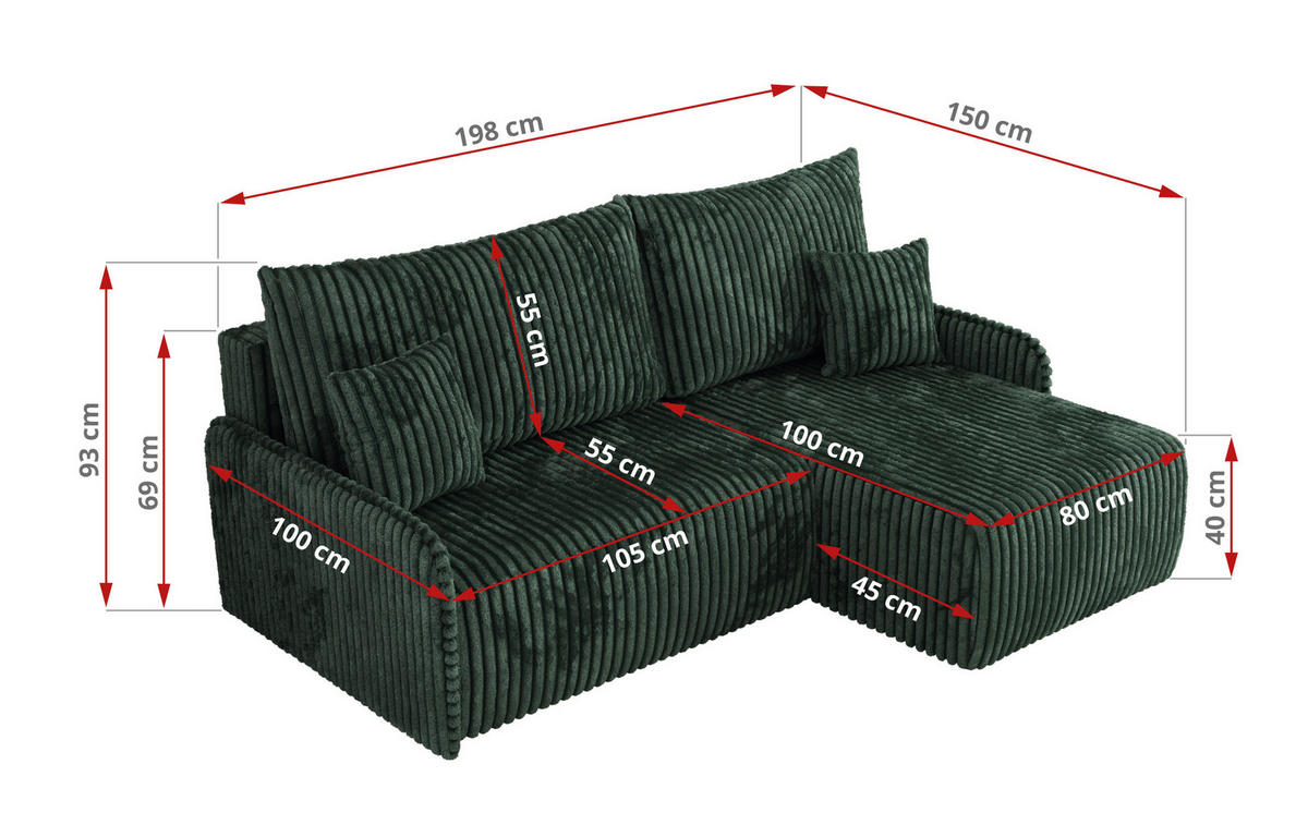 ECKSCHLAFSOFA ARPA L Grün Cord - rechts - Schwarz/Grün, Kunststoff/Textil (150/198cm) - MKS