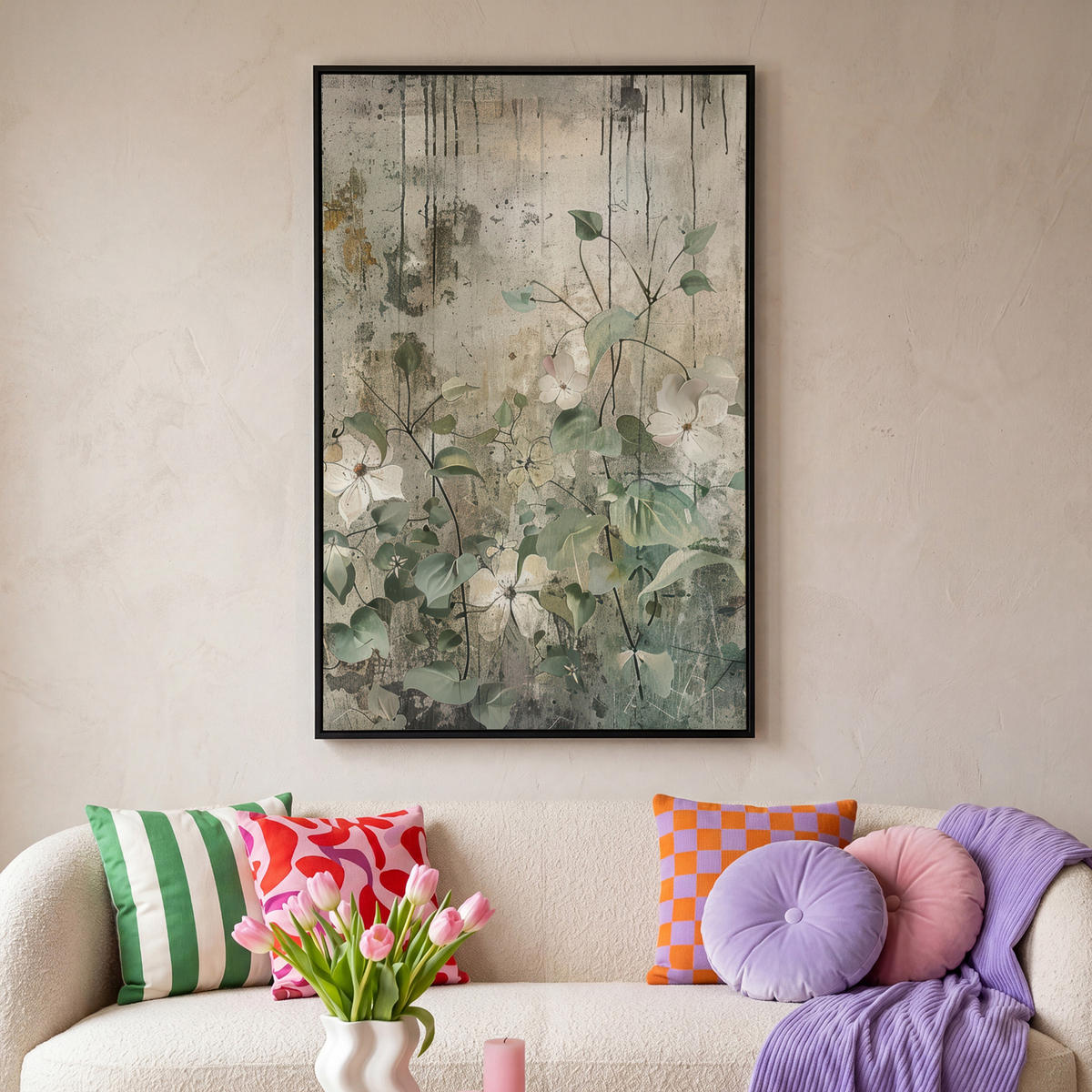 LEINWAND Bilder mit Rahmen - Blumen - Blätter - Abstrakt - Modern - 80x120 - Grau, Textil (80/120cm) - MuchoWow