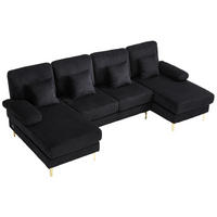 U-SOFA Wohnlandschaft Samt mit LED-Beleuchtung und USB-Anschluss 265/135/88 cm Schwarz - Schwarz, Textil (135/88/265cm) - Redom