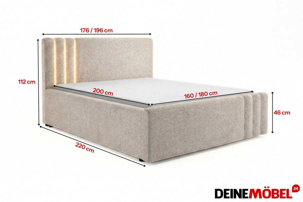 POLSTERBETT JASMIN 180/200 cm in Chenille Beige mit Bettkasten und LED - Beige, Holz/Holzwerkstoff (180/200cm) - Deine Möbel 24