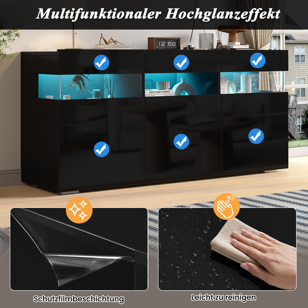 SIDEBOARD DE-37801 mit LED-Beleuchtung und 3 Türen Schwarz - Schwarz, Holzwerkstoff (140/66.5/40.5cm) - ComfortXL