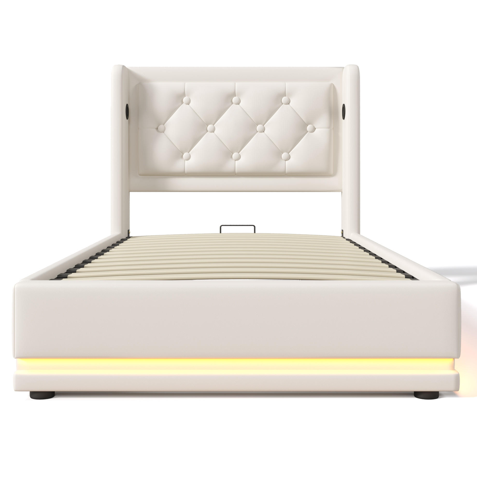 POLSTERBETT 90/200 cm mit USB Typ-C, Matratze, 3-seitiger LED und hydraulischem Stauraum, PU, Weiß - Weiß, Kunststoff (90/200cm) - Redom