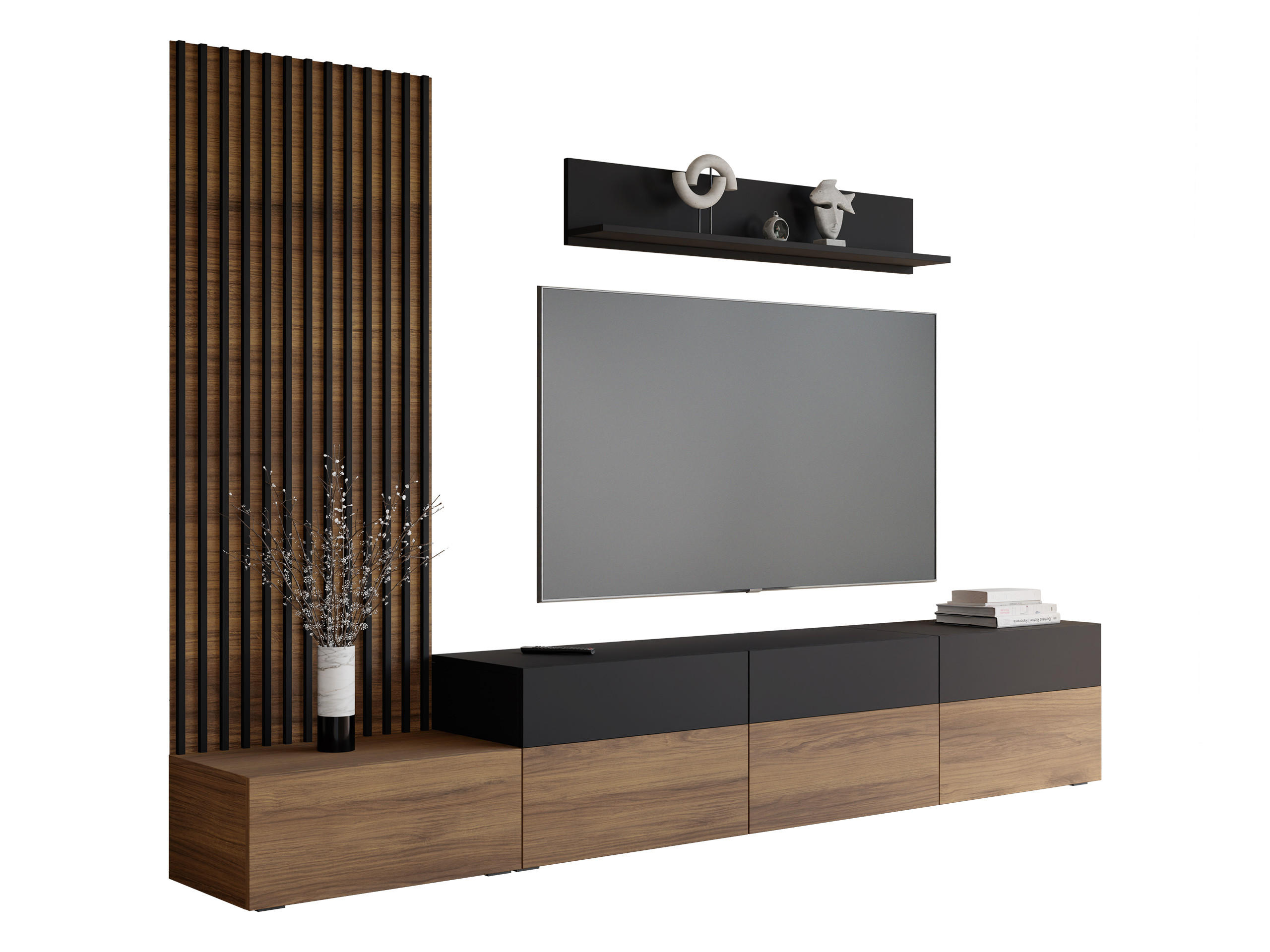 WOHNWAND Narezi II - Nussbaumfarben/Schwarz, Holzwerkstoff/Kunststoff (300/209/40cm) - MIRJAN24
