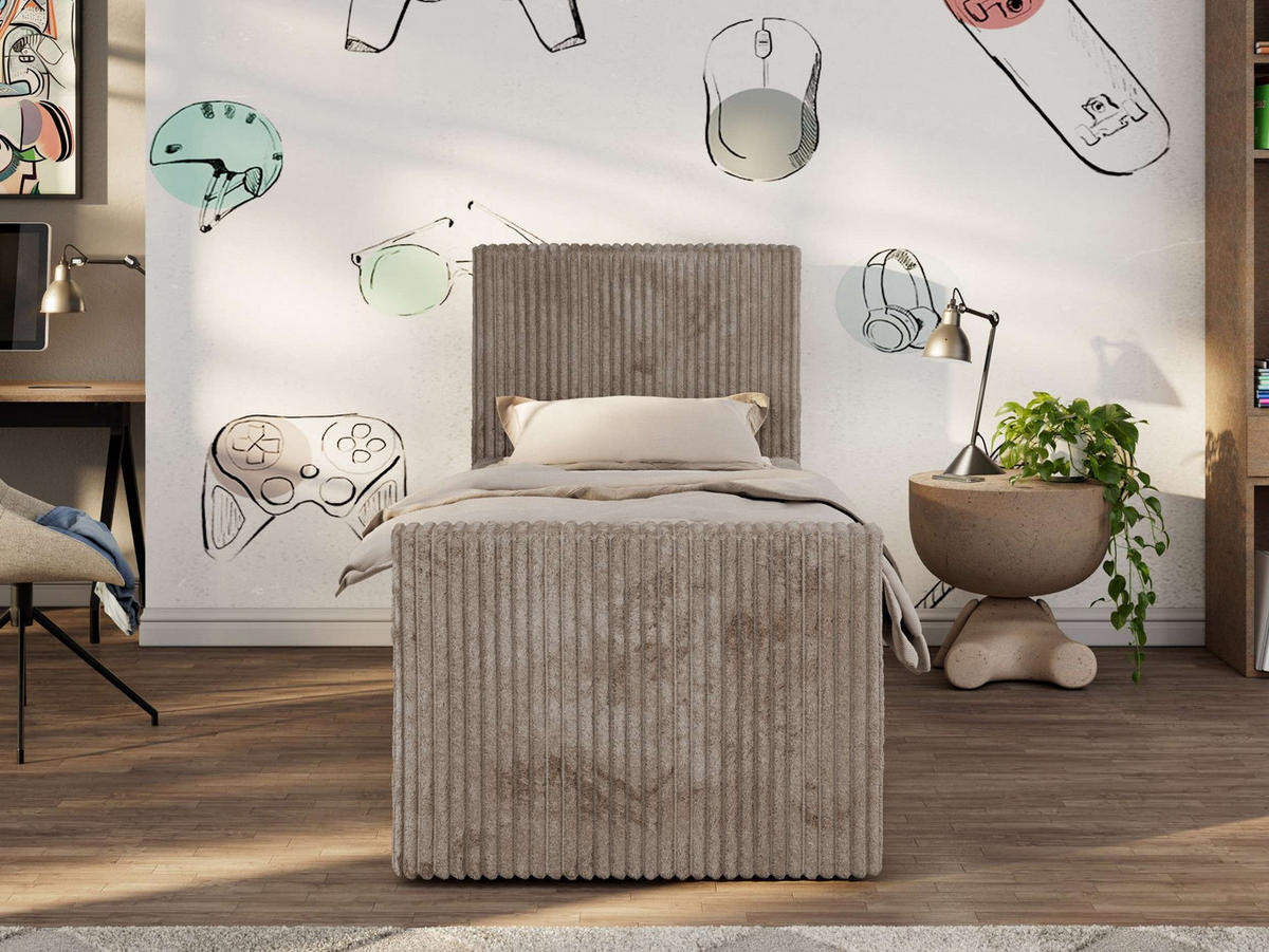 JUGENDBETT TILIO DUO 90/200 - Hellbraun Cord - H4 - Rechts Seite - Hellbraun, Textil (90/200cm) - MKS