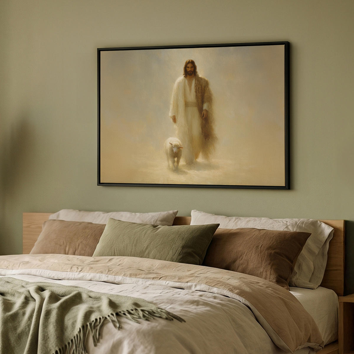 LEINWAND Bilder mit Rahmen - Schaf - Jesus - Pinselstriche - Abstrakt - 100x70 - Beige, Textil (100/70cm) - MuchoWow