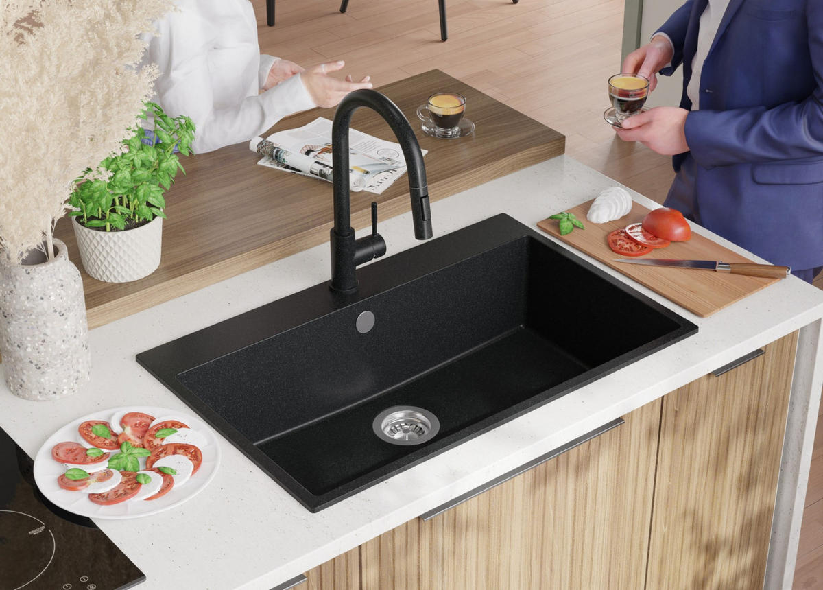 SPÜLBECKEN Riga, 2-er set Anthrazit 78/50 cm 1 Becken + Ablauf-Set ab 80er Unterschrank - Chromfarben/Anthrazit, Kunststoff (78/20/50cm) - Primagran