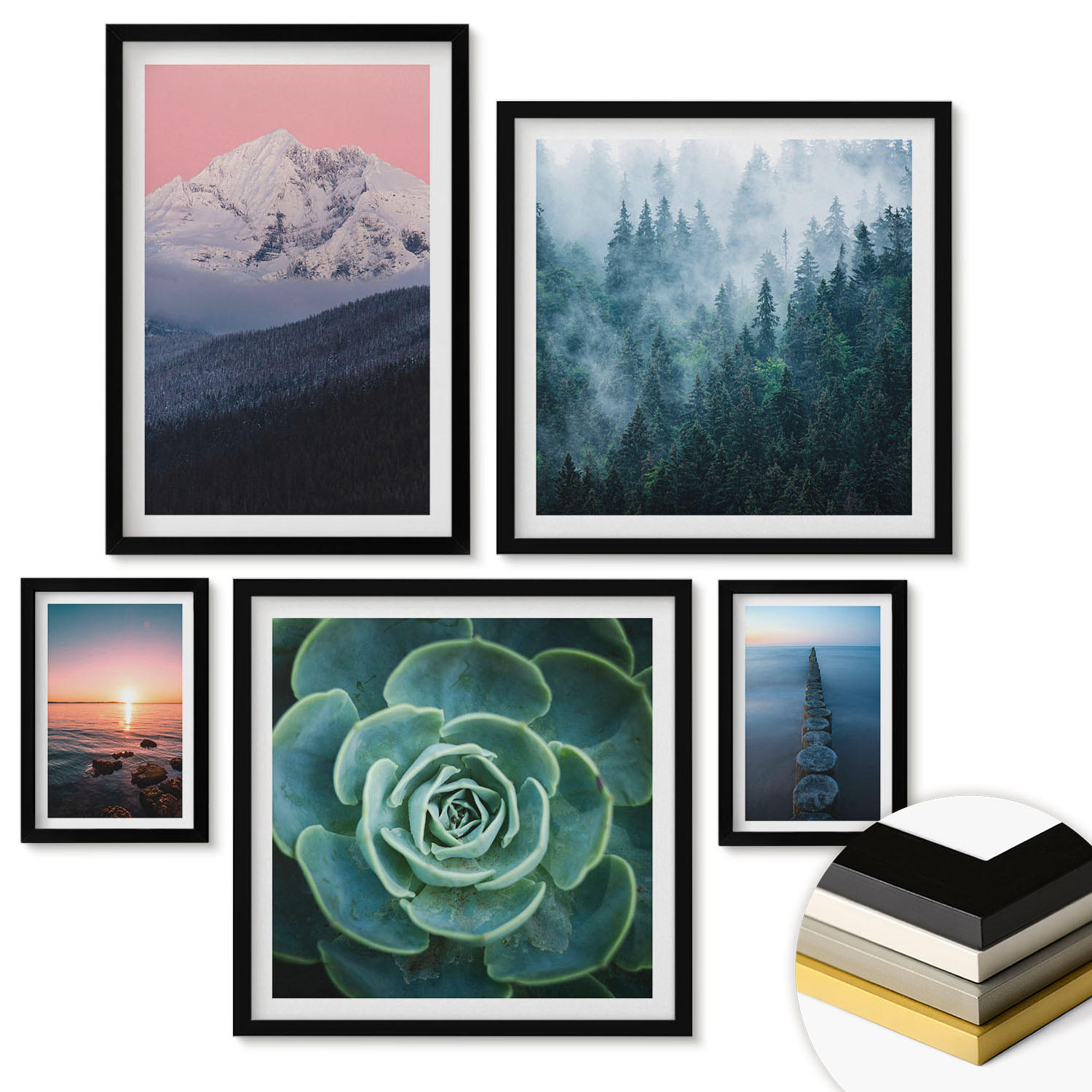 WANDBILDER 5er-Set - 50x50 cm & 20x30 cm & 40x60 cm Schwarzer Rahmen - Wasserfälle, Berge, Landschaften, Natur - Schwarz, Kunststoff (40/60cm) - ArtPrintCave