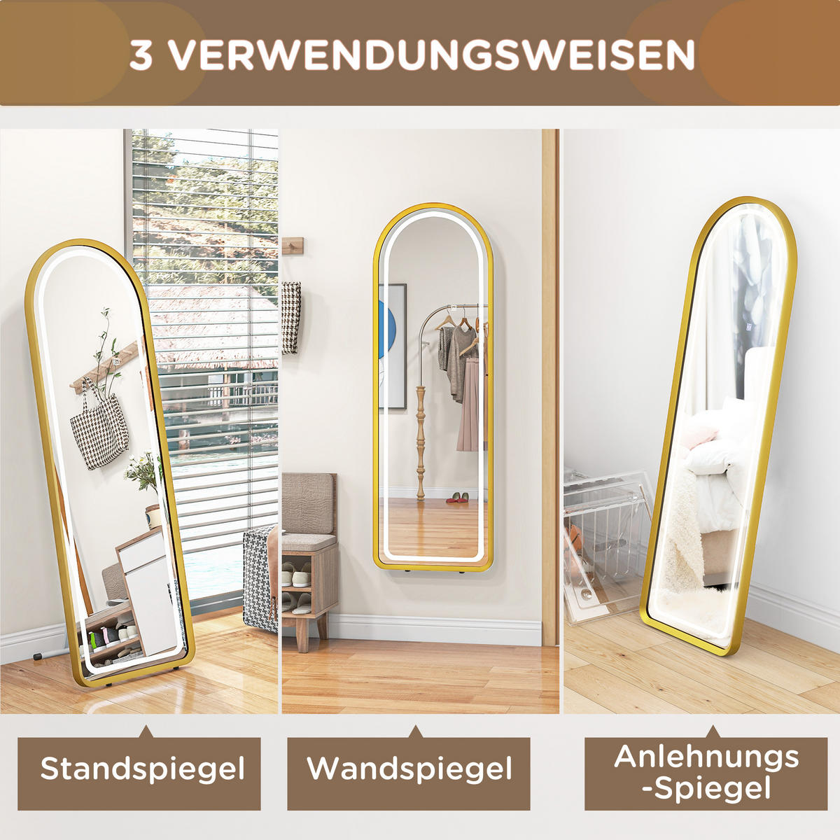 STANDSPIEGEL mit LED-Leuchte, Touch-Schlater, für Wohnzimmer, Schlafzimmer, Gold - Goldfarben, Glas (50/4/151.5cm) - HOMCOM