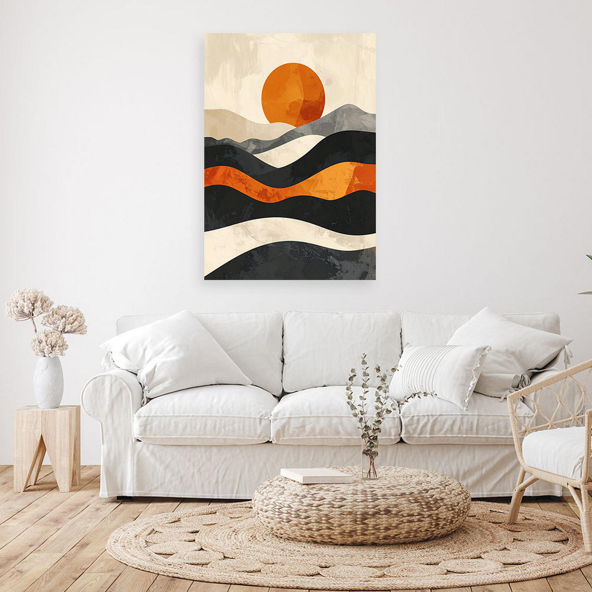 LEINWANDBILDER, Abstrakte Landschaft mit orangefarbener Sonne - Orange, Textil (20/30cm) - Feeby