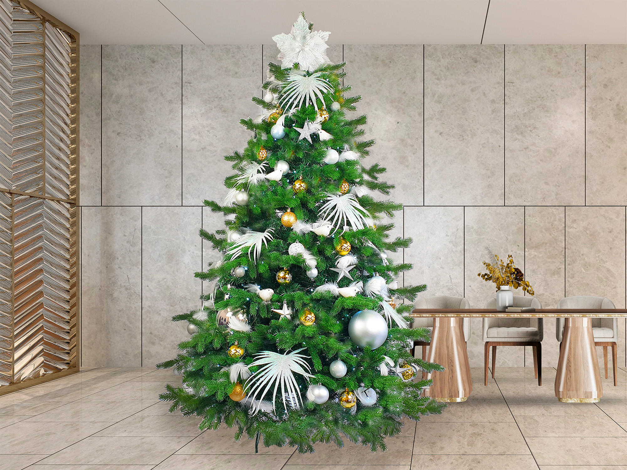 LAALU WEIHNACHTSBAUM geschmückt künstlich mit 222 Ornamenten POLAR GOLD II 500 cm Baum mit Ständer und Weihnachtsornamenten - Silberfarben/Goldfarben, Kunststoff (500cm) - LAALU