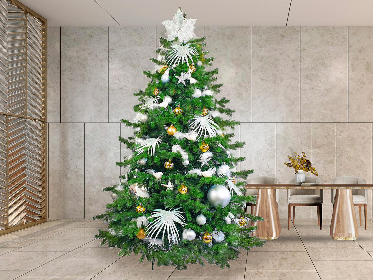 LAALU WEIHNACHTSBAUM geschmückt künstlich mit 222 Ornamenten POLAR GOLD II 500 cm Baum mit Ständer und Weihnachtsornamenten - Silberfarben/Goldfarben, Kunststoff (500cm) - LAALU