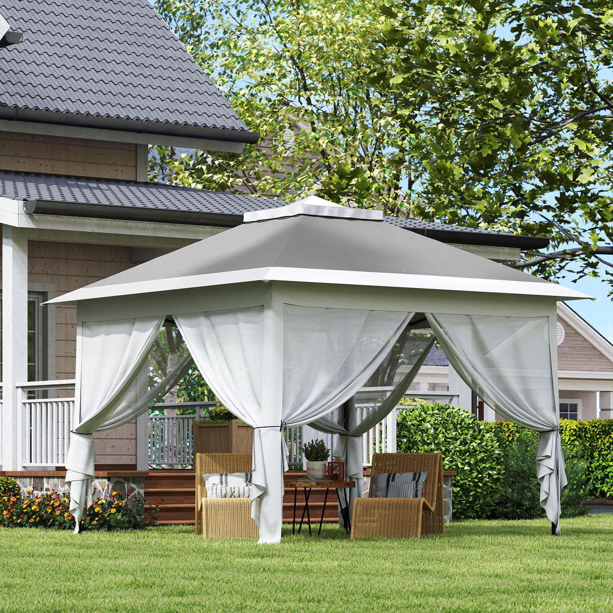 PAVILLON DE-07448 mit Netzvorhängen und Entwässerungslöchern Grau - Dunkelgrau, Textil/Metall (330/288/330cm) - ComfortXL