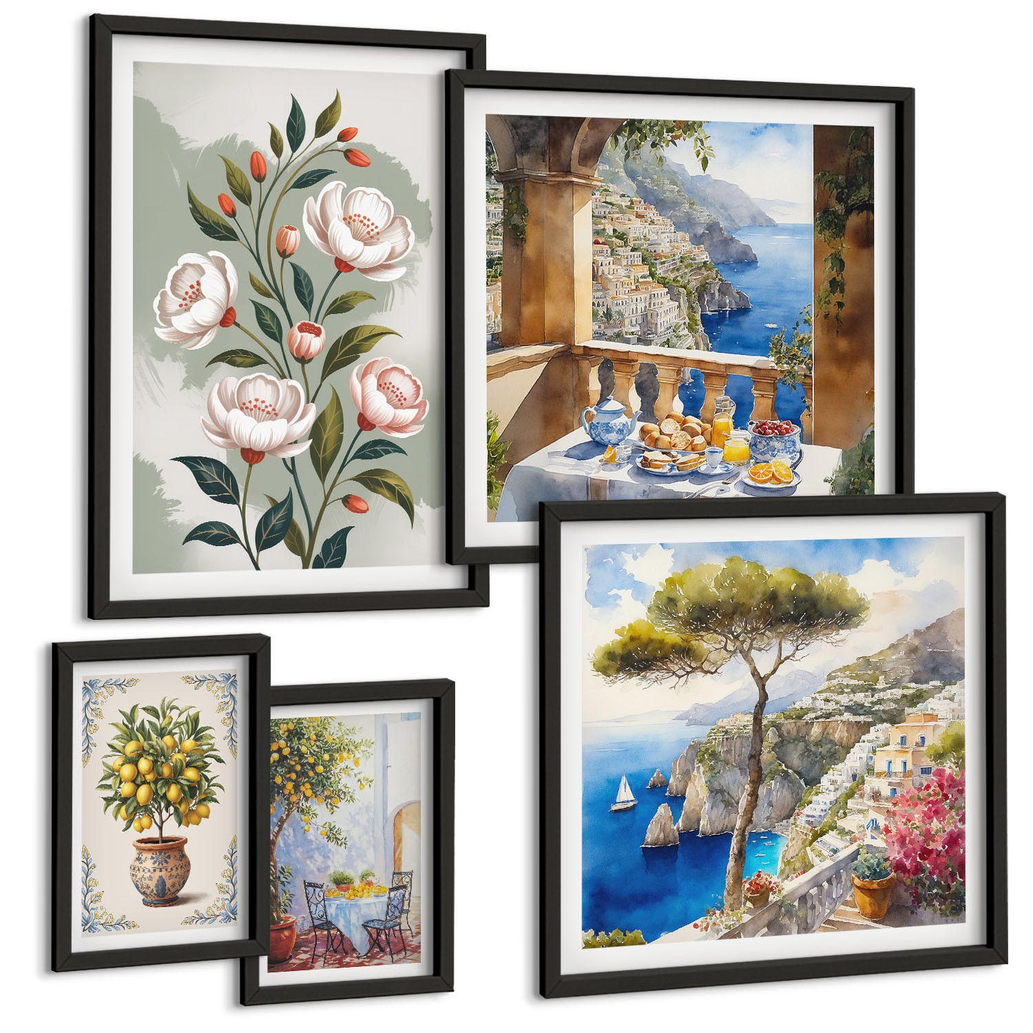 BILDER SET 5er Set - 50x50 cm & 20x30 cm & 40x60 cm Schwarzer Rahmen - Blick auf das Meer aus Zitronenbäumen - Schwarz, Kunststoff (40/60cm) - TULUP
