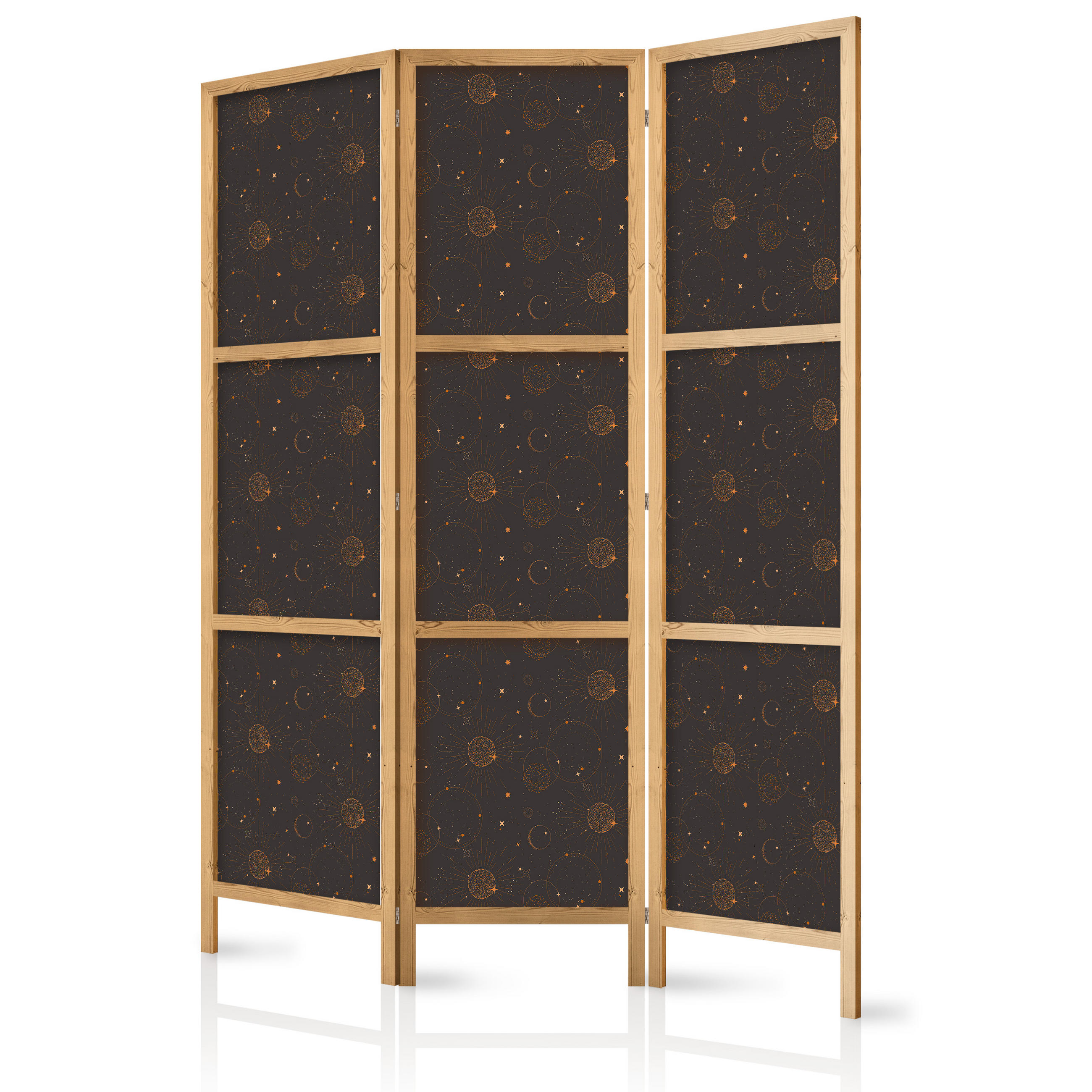 PARAVENT Japanischer 3-tlg 135x172 cm Sonnen Und Sterne - Braun, Holz/Textil (135/172/3cm) - Muralo