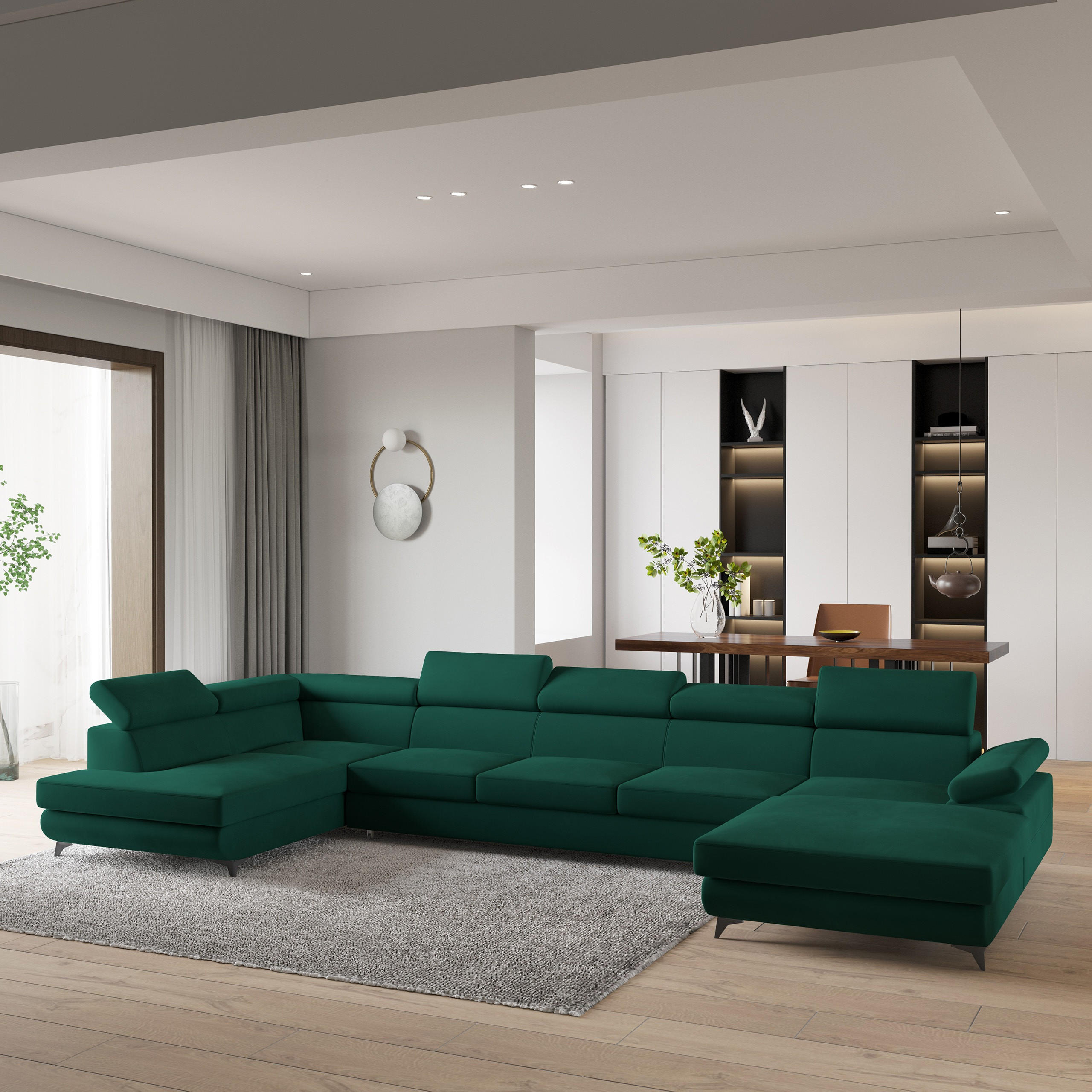 WOHNLANDSCHAFT MONTIVA Grün Velours-Stoff mit Schlaffunktion - Grün, Holz (410/89/190cm) - MASSENO