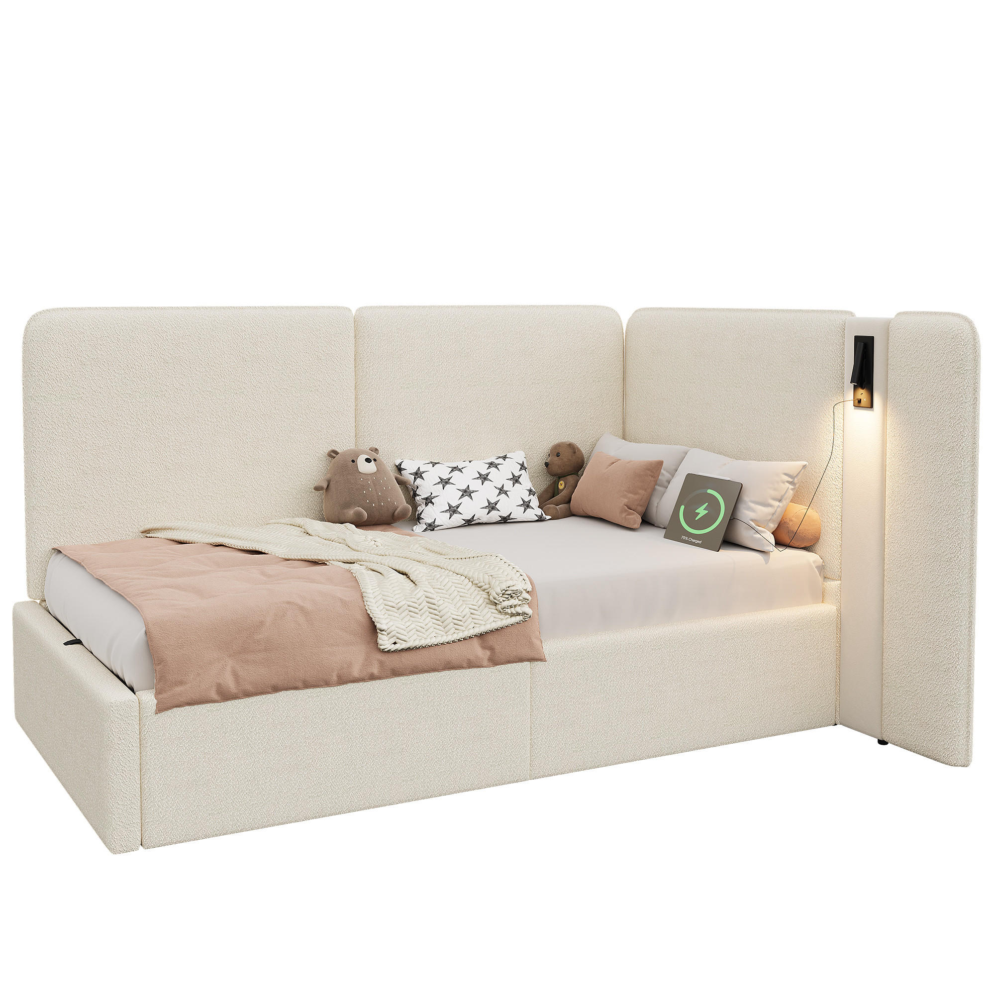 POLSTERBETT aus Schleife 90x200 cm in Beige mit Stauraum & USB/Typ-C - Beige, Textil (90/200cm) - Modfu