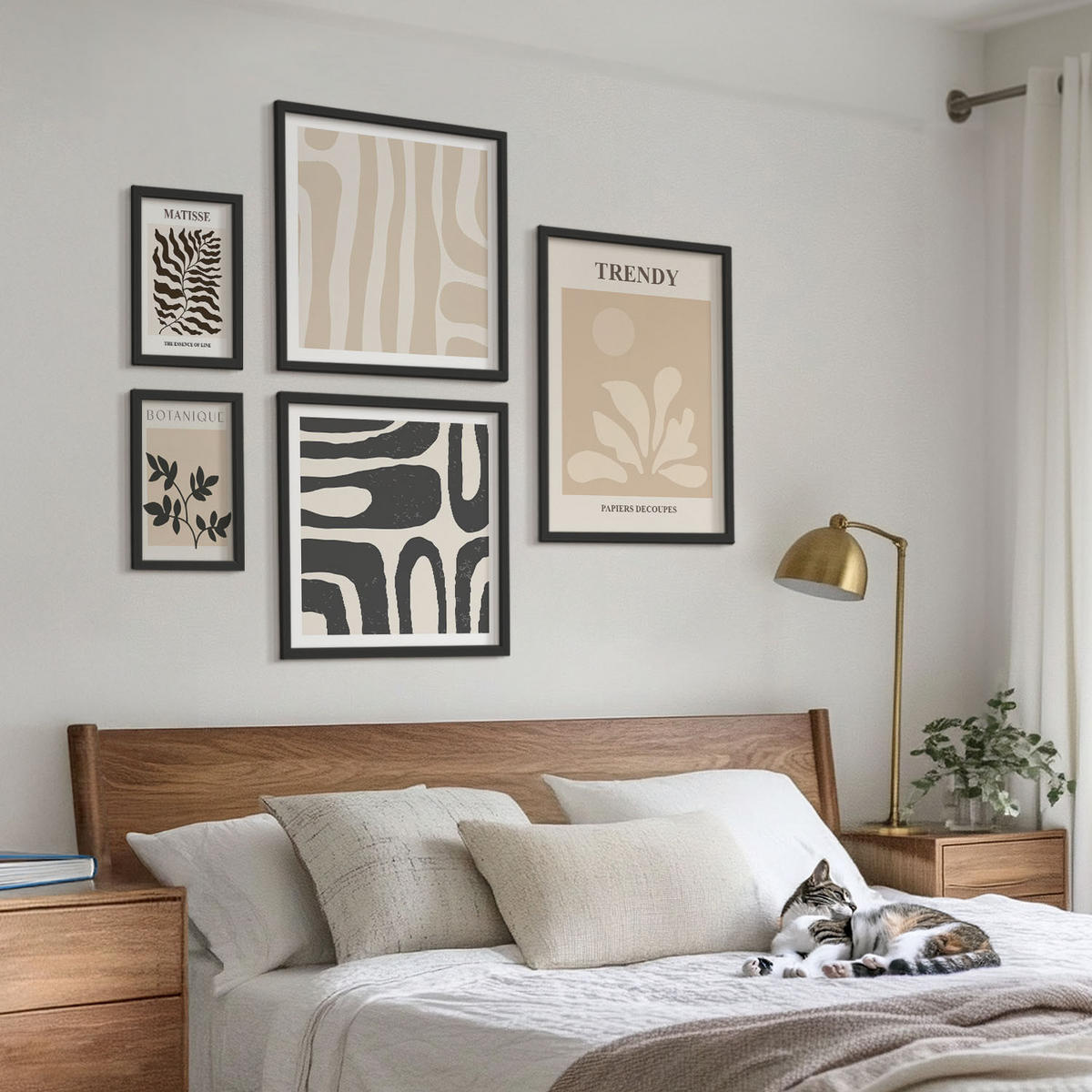 WANDBILDER 5er-Set - 50x50 cm & 20x30 cm & 40x60 cm Schwarzer Rahmen - Stilvolle Pflanzenmuster in Beige und Schwarz - Schwarz, Kunststoff (40/60cm) - ArtPrintCave