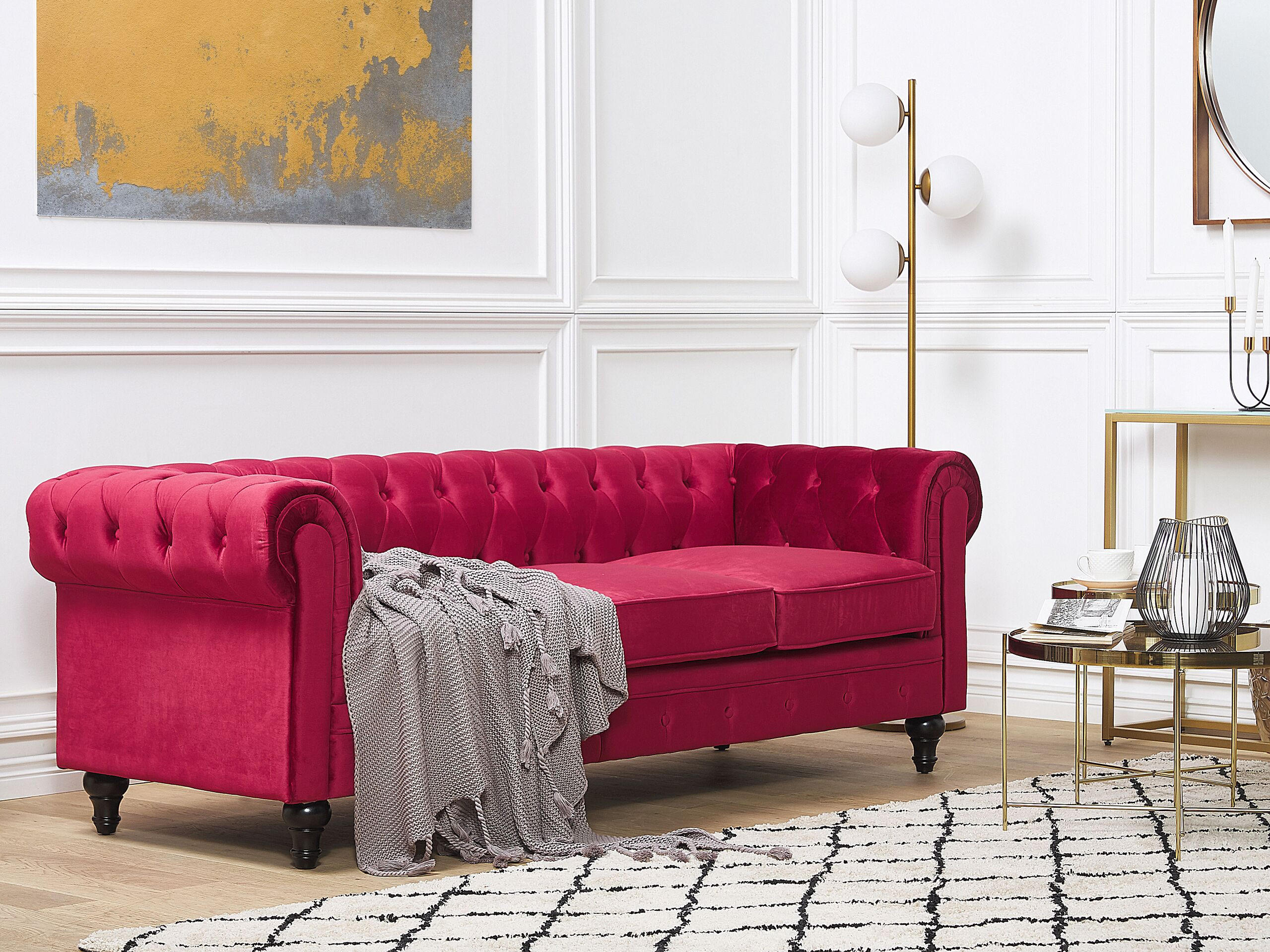 3-SITZER-SOFA Samtstoff Dunkelrot Chesterfield - Dunkelrot, Textil (202/70/75cm) - Beliani