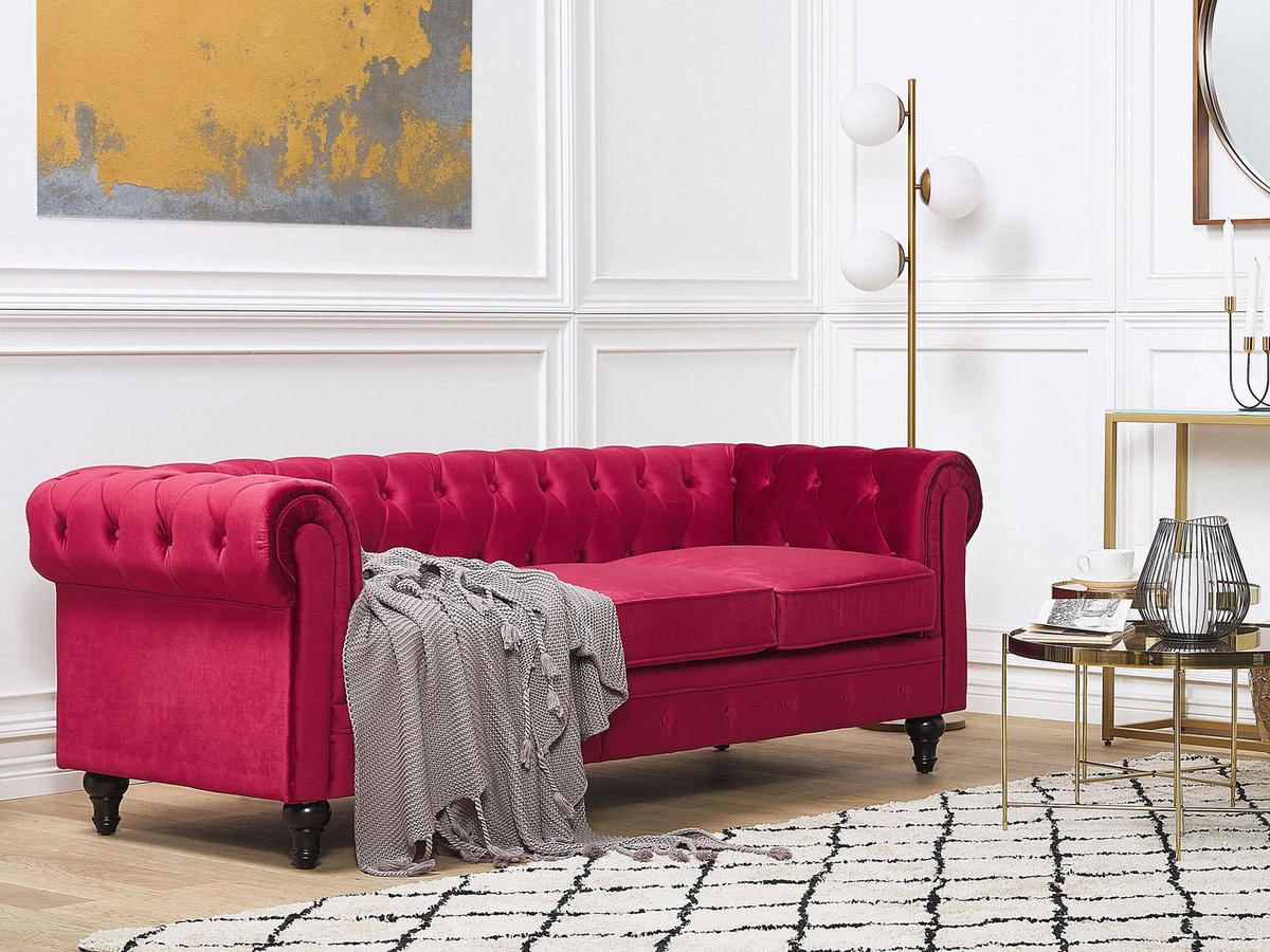 3-SITZER-SOFA Samtstoff Dunkelrot Chesterfield - Dunkelrot, Textil (202/70/75cm) - Beliani