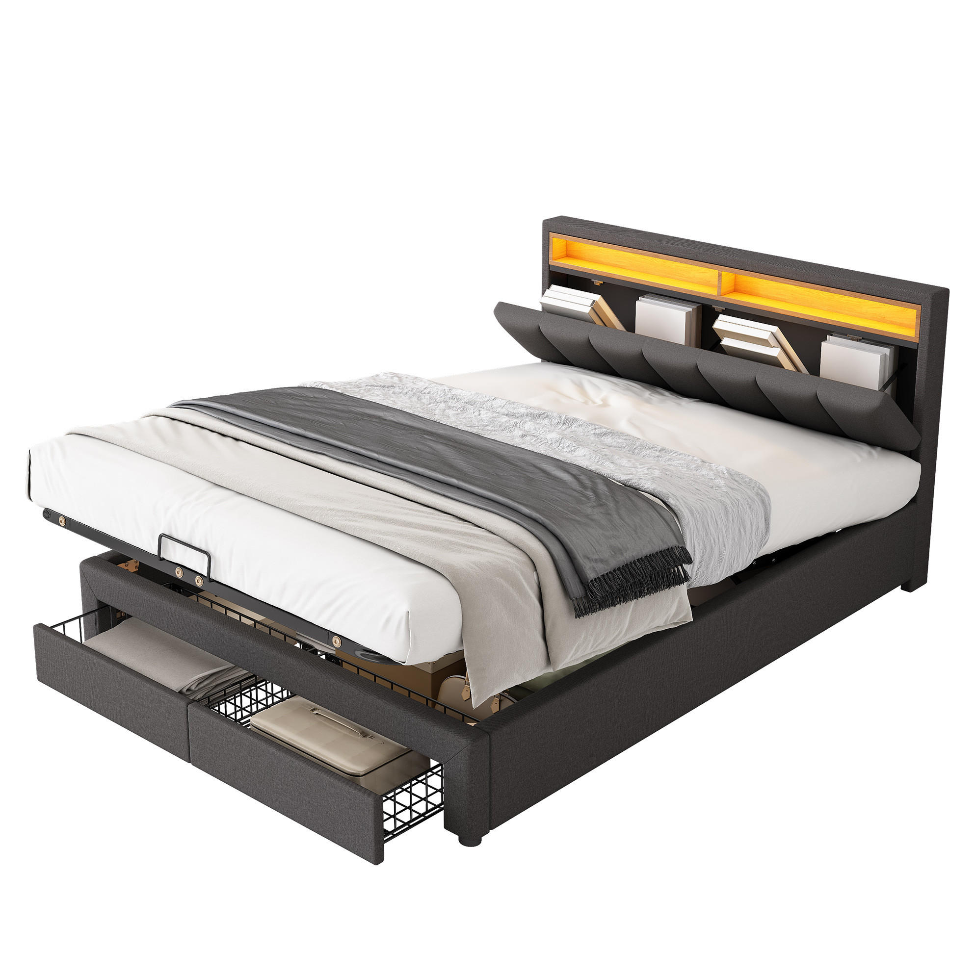 POLSTERBETT 180/200 cm dunkelgrau aus Leinen mit LED und Bettkasten - Dunkelgrau, Textil (180/200cm) - OKWISH