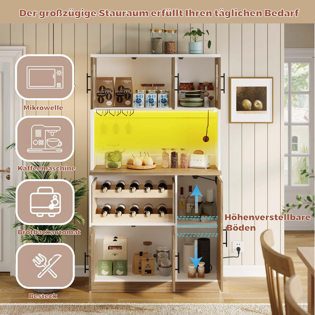 BUFFET 100/40/180 cm weiß/eichefarben aus MDF mit LED - Weiß, Holzwerkstoff (100/180/40cm) - OKWISH