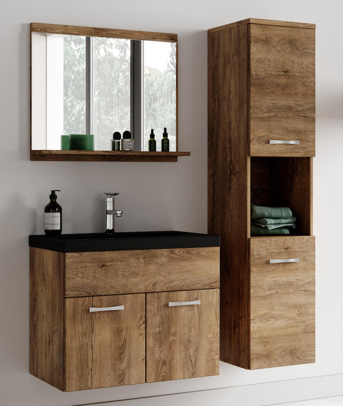 BADMÖBEL-SET Montreal 3 Teile Braun Eiche - Schwarze Waschbecken - 60 x 35 x 51 cm - Eichefarben/Schwarz, Holz (60/51/35cm) - Badplaats