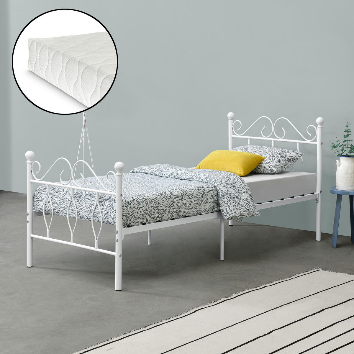METALLBETT Apolda mit Matratze - Weiß, Textil/Metall (90/200cm) - [en.casa]