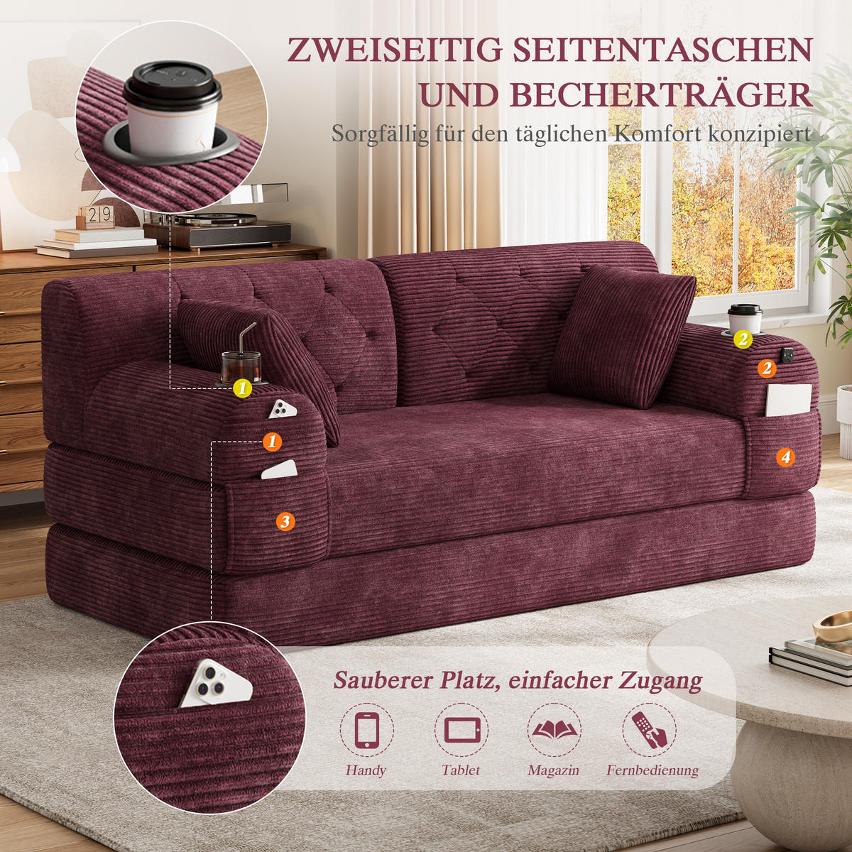 2-SITZER-SOFA – Cord, Metallrahmen, Becherhalter, kompakt, Weinrot - Weinrot, Textil (80/81/168cm) - KOMHTOM