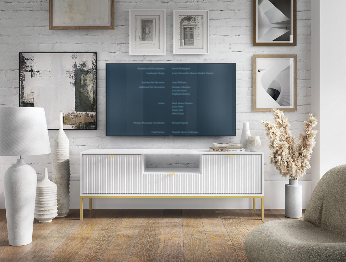 TV-SCHRANK 154 cm Galla mit Schublade, 2 Türen, gold accessories, Weiß + Gold - Goldfarben/Weiß, Holz (154/56/39cm) - Emporius