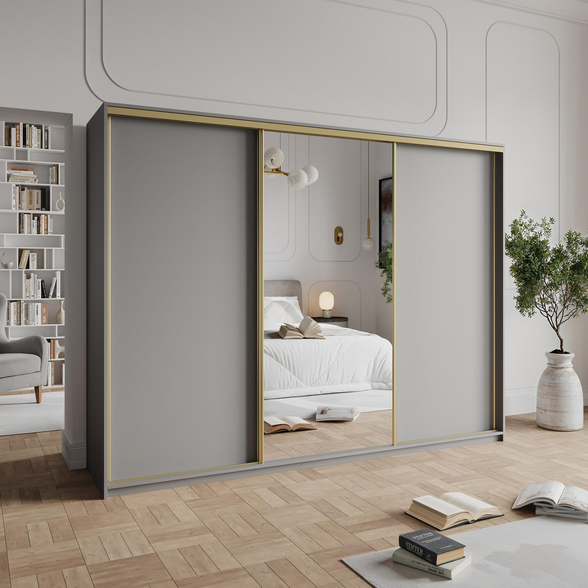 SCHWEBETÜRENSCHRANK TAVI 250/205/60 cm 3-türig mit Spiegel und Schubladen Graphitfarben - Goldfarben/Graphitfarben, Holzwerkstoff (250/205/60cm) - MASSENO