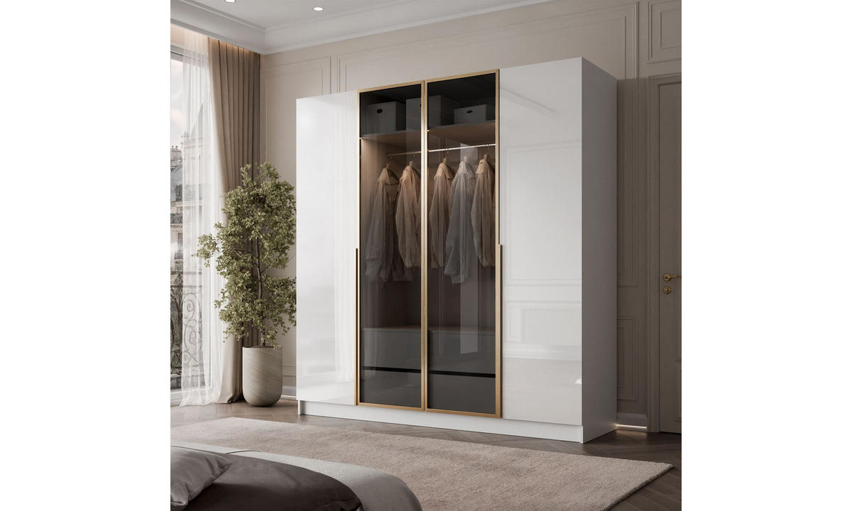KLEIDERSCHRANK ATRIUM GLOSS 200/57/210 cm Goldchrom-Griffe mit LED-Beleuchtung - Goldfarben/Weiß, Holzwerkstoff (200/210/57cm) - Lookway