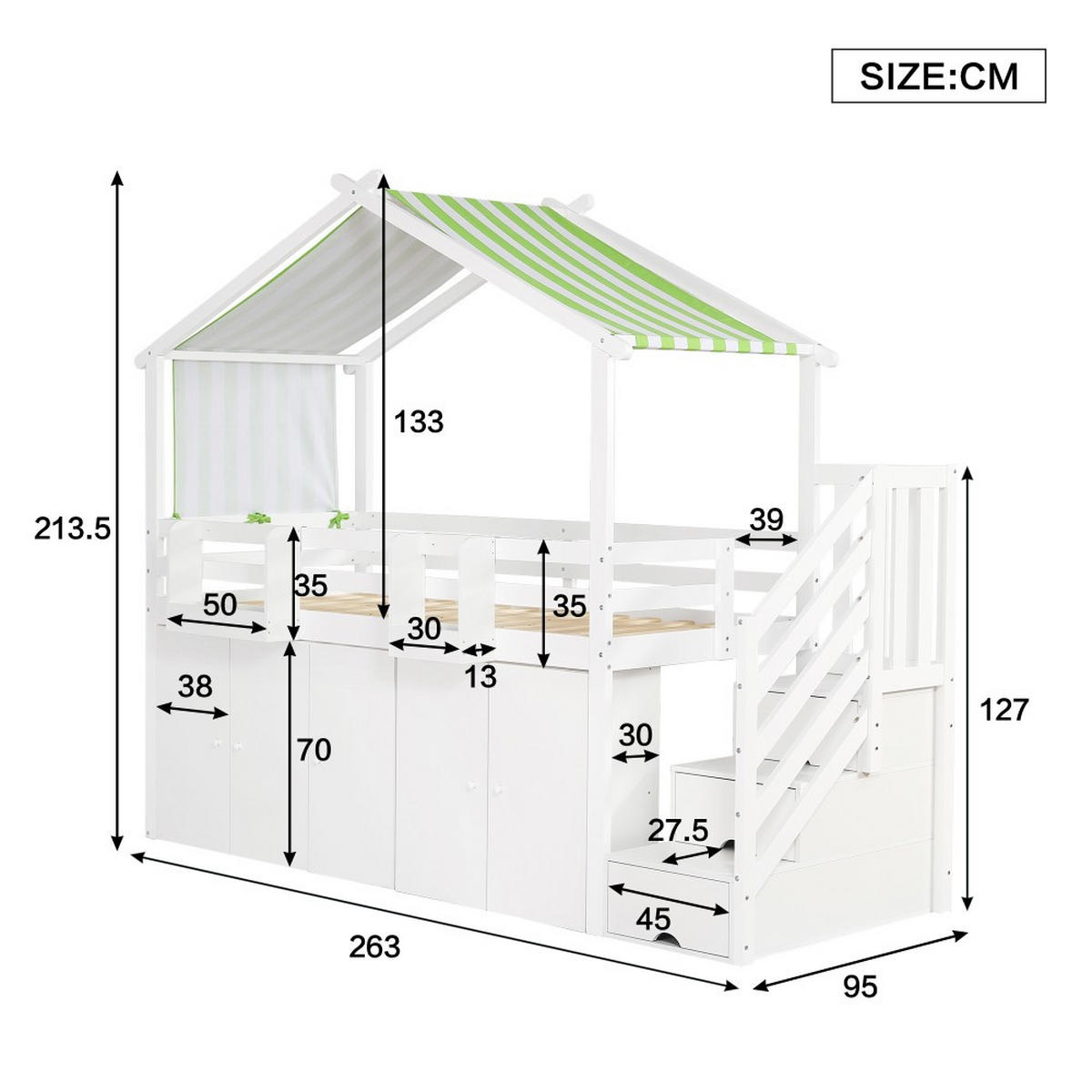 HAUSBETT 90x200cm in Weiß+Grün mit 1 Kleiderschrank und 2 Schließfächer - Weiß, Holz (90/200cm) - KOMHTOM