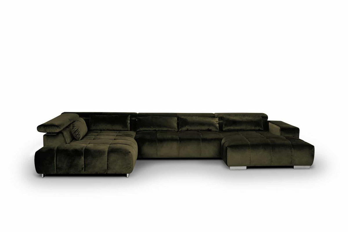 WOHNLANDSCHAFT XXL mit verstellbaren Kopflehnen, Velvet-Stoff - Silberfarben/Grün, Textil/Metall (409/73/225cm) - Cotta